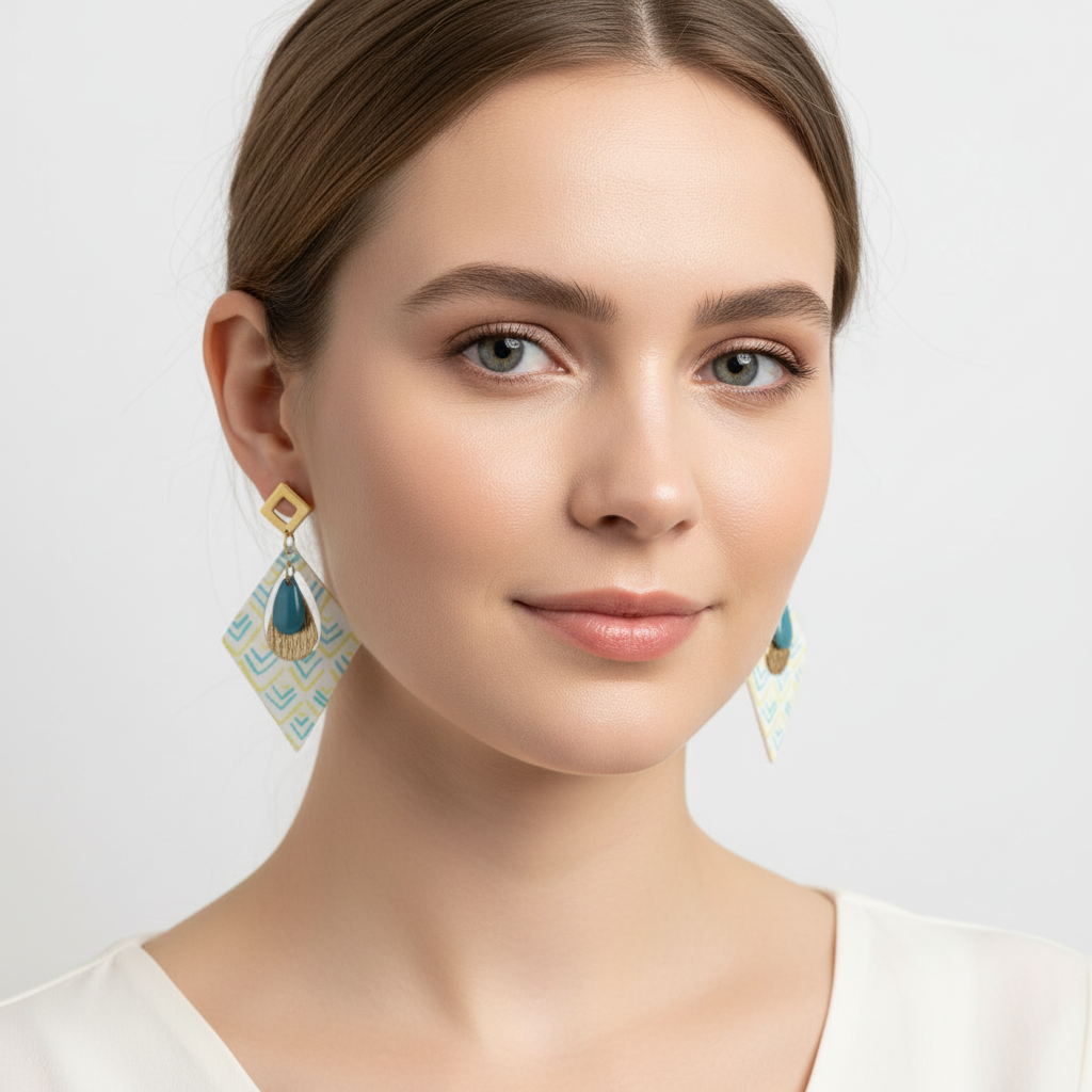 Boucles d'oreilles Trikōṇa – Papier Indien résiné Bleu, Vert