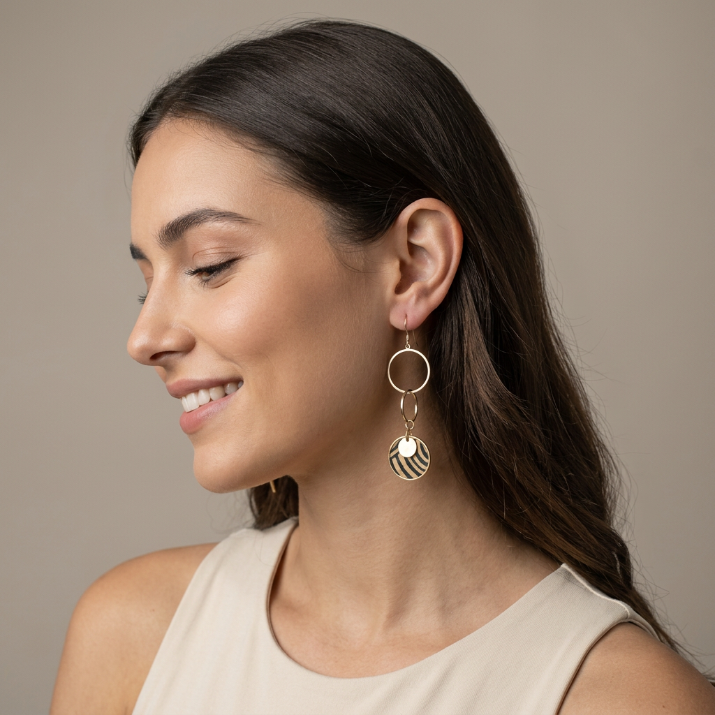 boucles d'oreilles doubles anneaux fait main Saṅgha bleu canard caramel
