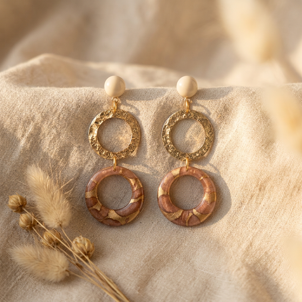 Boucles d'oreilles doubles cercles Nāca papier lokta rose et bronze posées sur lin, bijoux artisanaux faits main