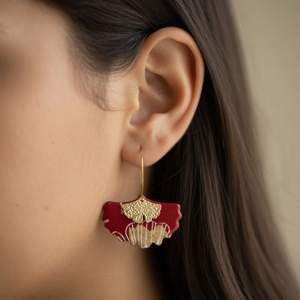 Boucles d'oreilles créoles gingko papier indien rouge & or