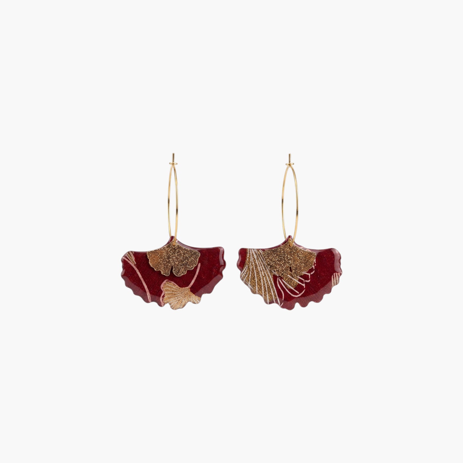 Boucles d'oreilles créoles gingko papier indien rouge & or