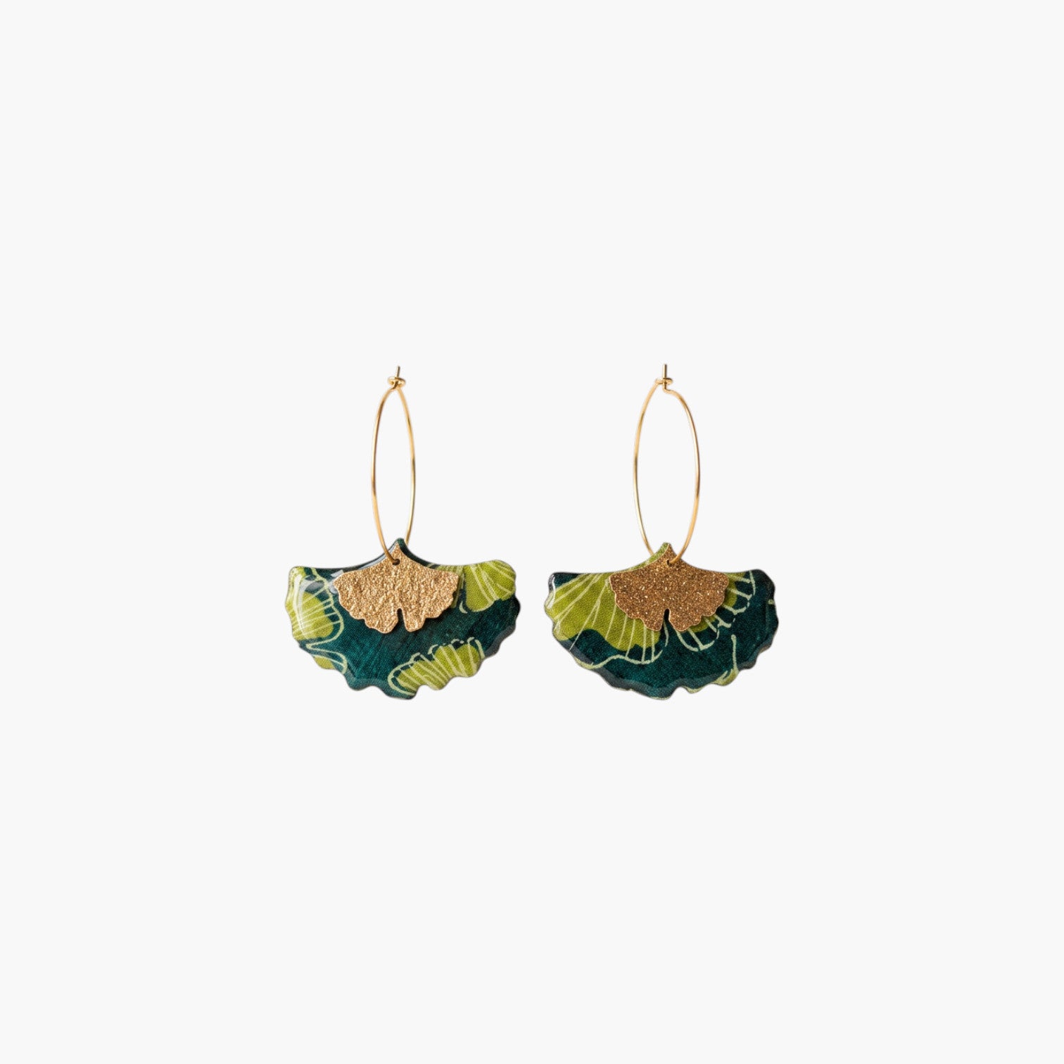 Boucles d'oreilles créoles gingko · papier indien vert forêt et or · fait main France