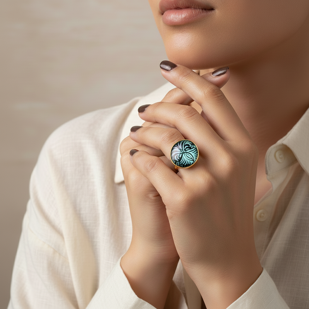 Bague Cabochon  | Papier Indien Bleu | Laiton Doré | Anneau Réglable