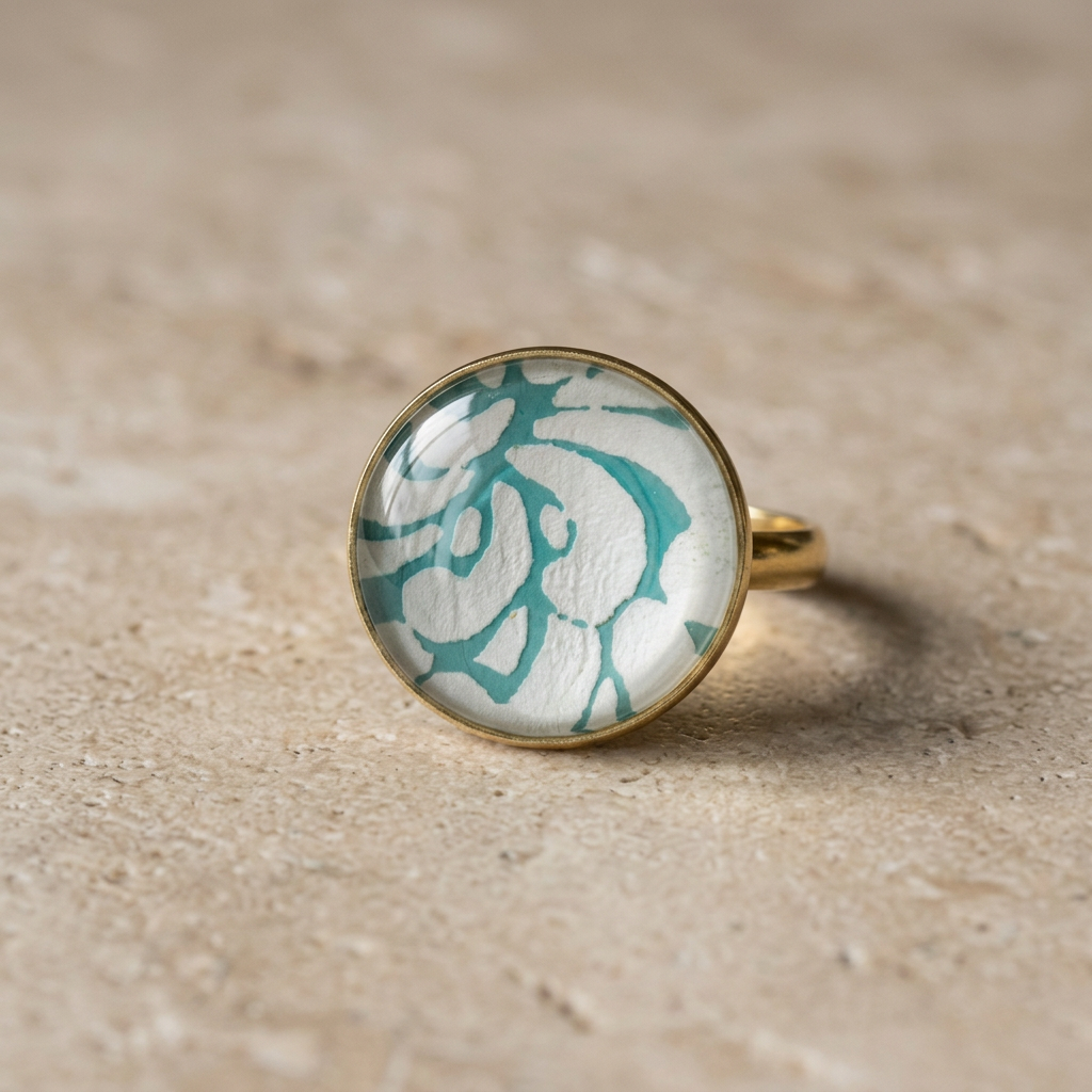 Bague cabochon dorée  Papier lokta vert & blanc