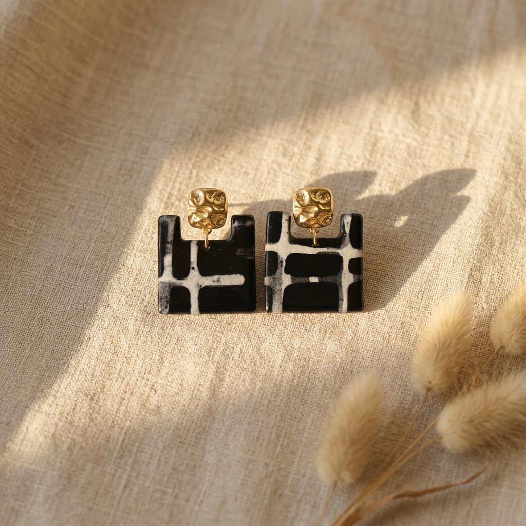 Ṭā'ila Earrings | Blue & Beige Lokta Nepali Paper | Hammered Studs