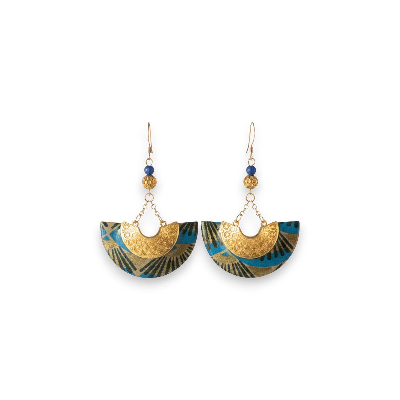 Boucles artisanales Ādhā Gōla papier népalais éventails Art Déco
bleu nuit noir résiné perle bois crochets Gold Filled 14K faites main France
