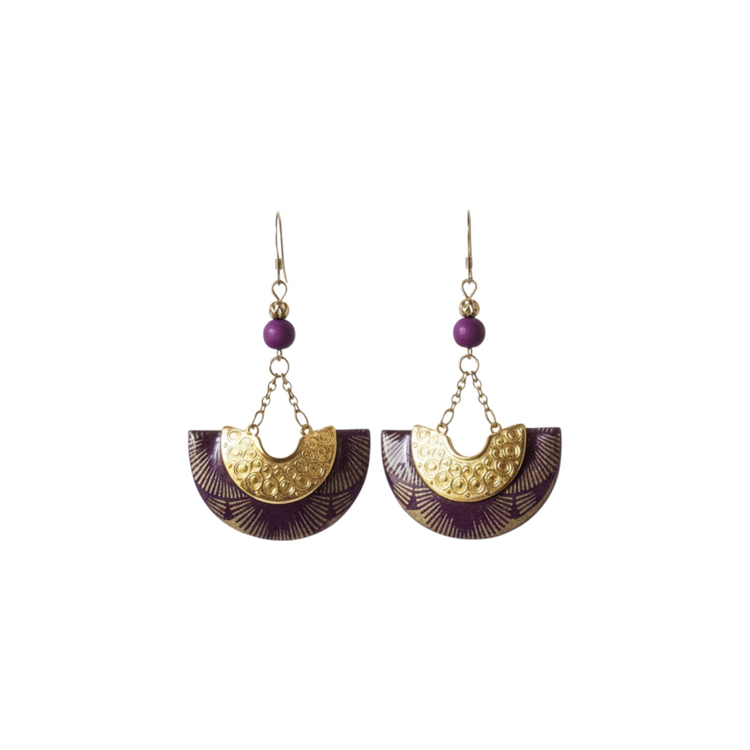 Boucles d'oreilles Ādhā gōla - Papier Népalais résiné Violet & doré