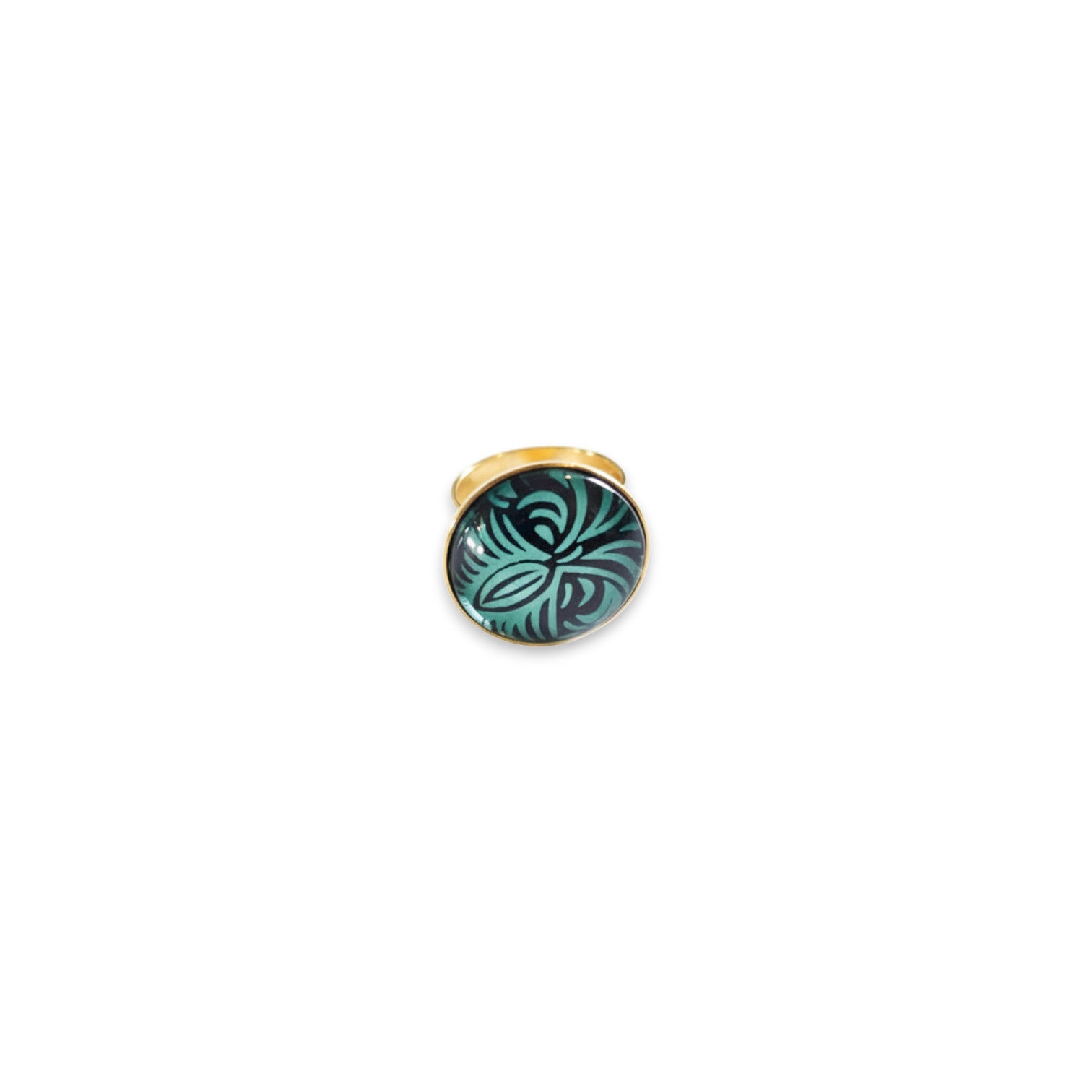Bague artisanale cabochon verre bombé 25mm papier indien bleu envoûtant
indigo azur laiton doré anneau réglable fait main France
