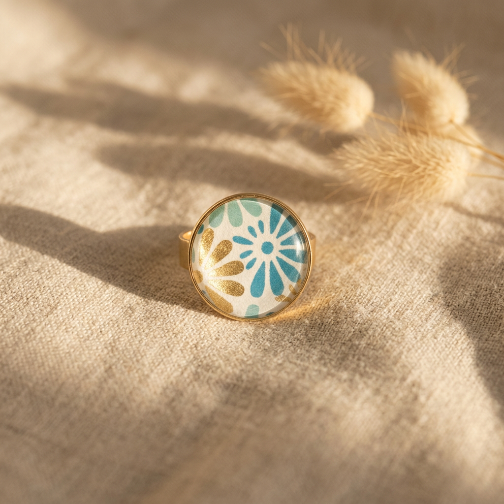 "bague cabochon dorée fait main papier indien éventails bleu turquoise vert jade doré verre bombé 25mm"