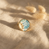 "bague cabochon dorée fait main papier indien éventails bleu turquoise vert jade doré verre bombé 25mm"