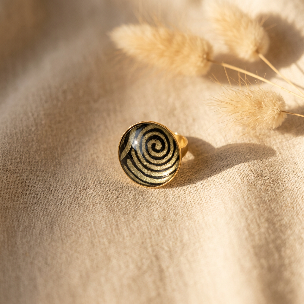 bague cabochon dorée fait main papier lokta noir spirales dorées verre bombé 25mm