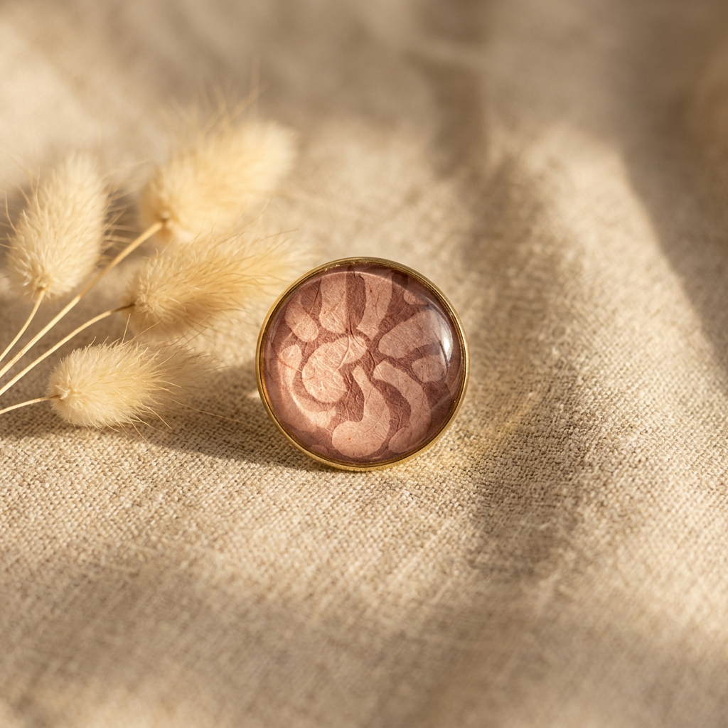Bague cabochon dorée papier lokta rose et bronze posée sur fond lin, bijou artisanal fait main