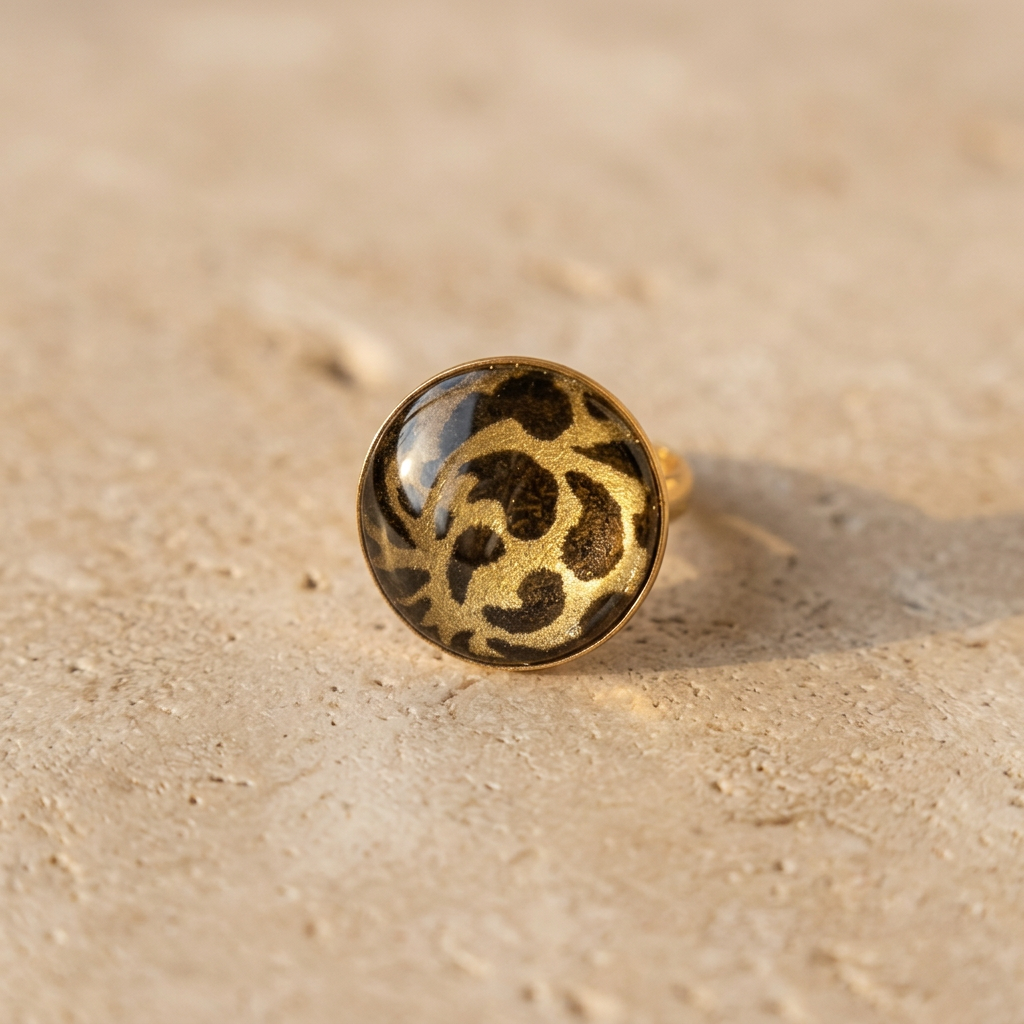 Bague cabochon verre · papier lokta doré et kaki · anneau réglable · fait main France