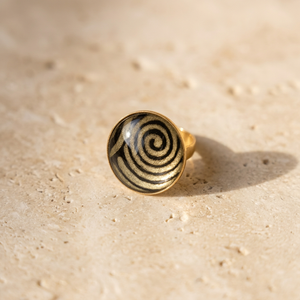 Bague cabochon dorée lokta noir & spirales dorées · verre bombé · laiton doré