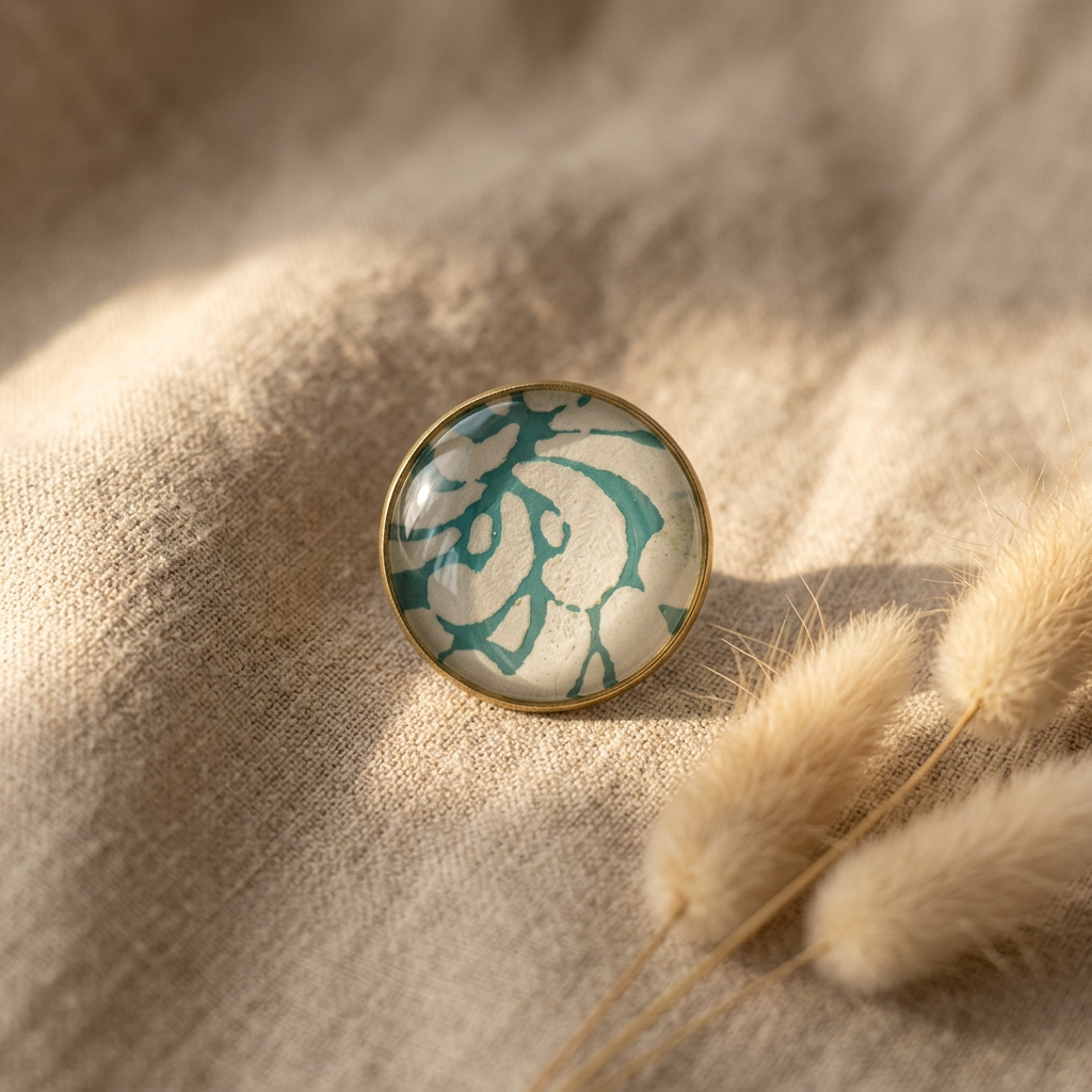 Bague cabochon dorée papier lokta vert et blanc posée sur fond lin, bijou artisanal fait main