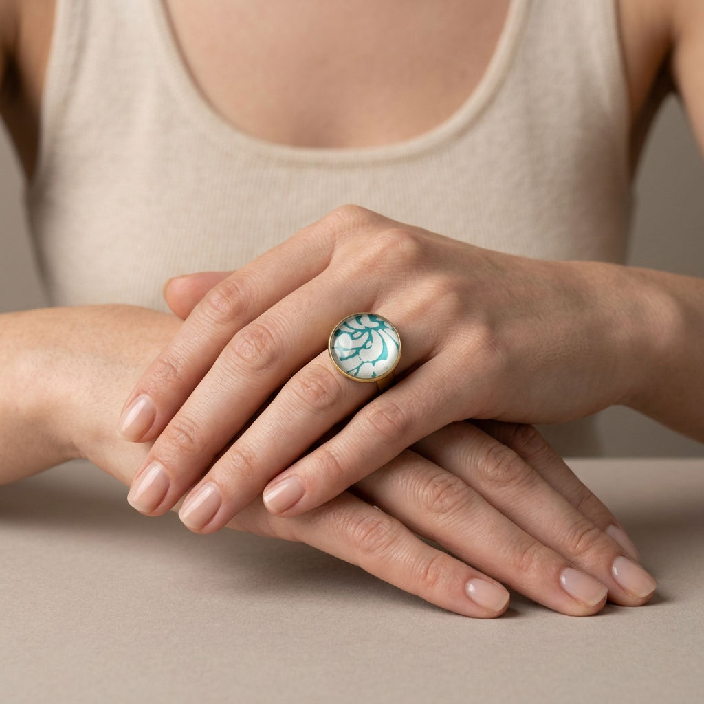 Bague cabochon dorée  Papier lokta vert & blanc