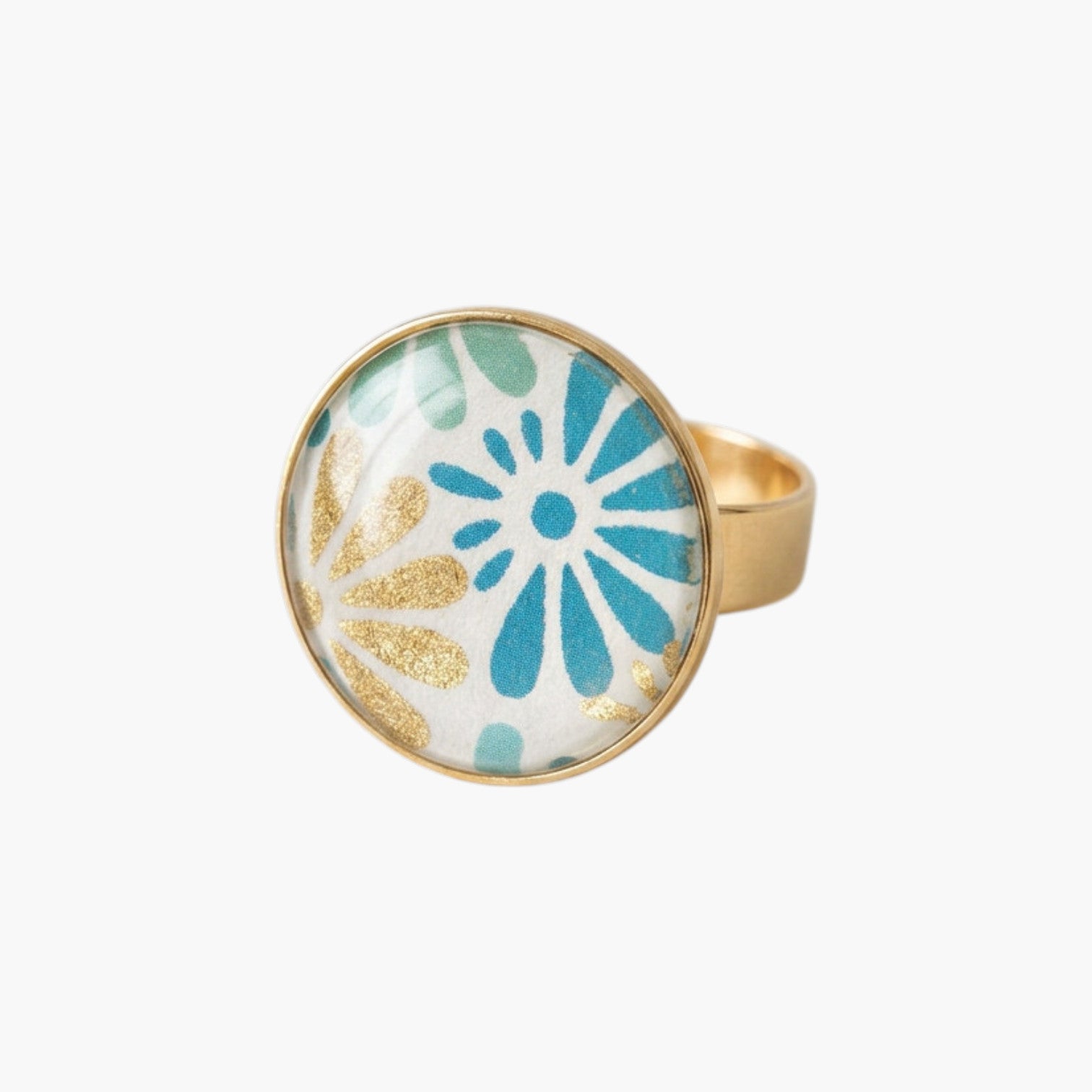 Bague cabochon éventails bleu vert doré · papier indien
