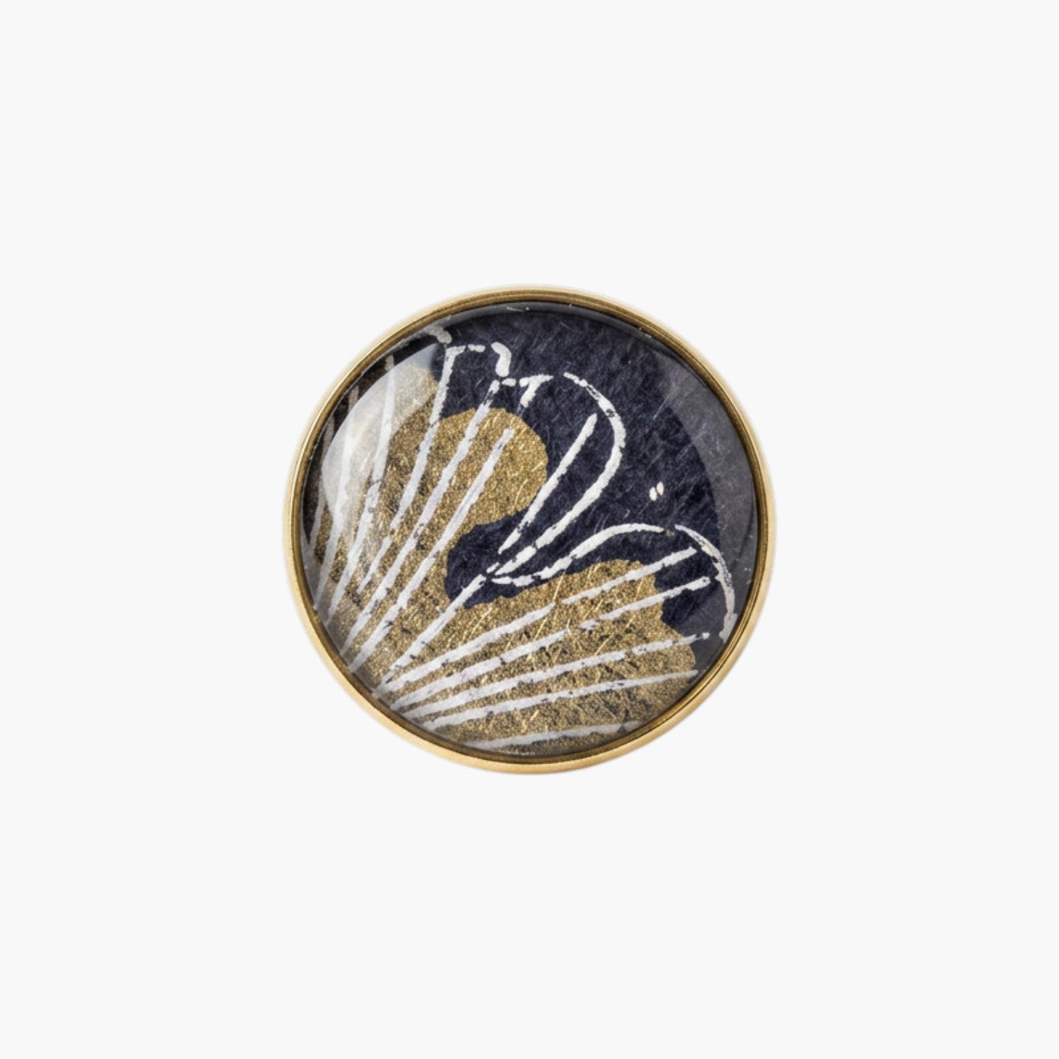 Bague cabochon dorée papier indien bleu motif ginkgo doré
