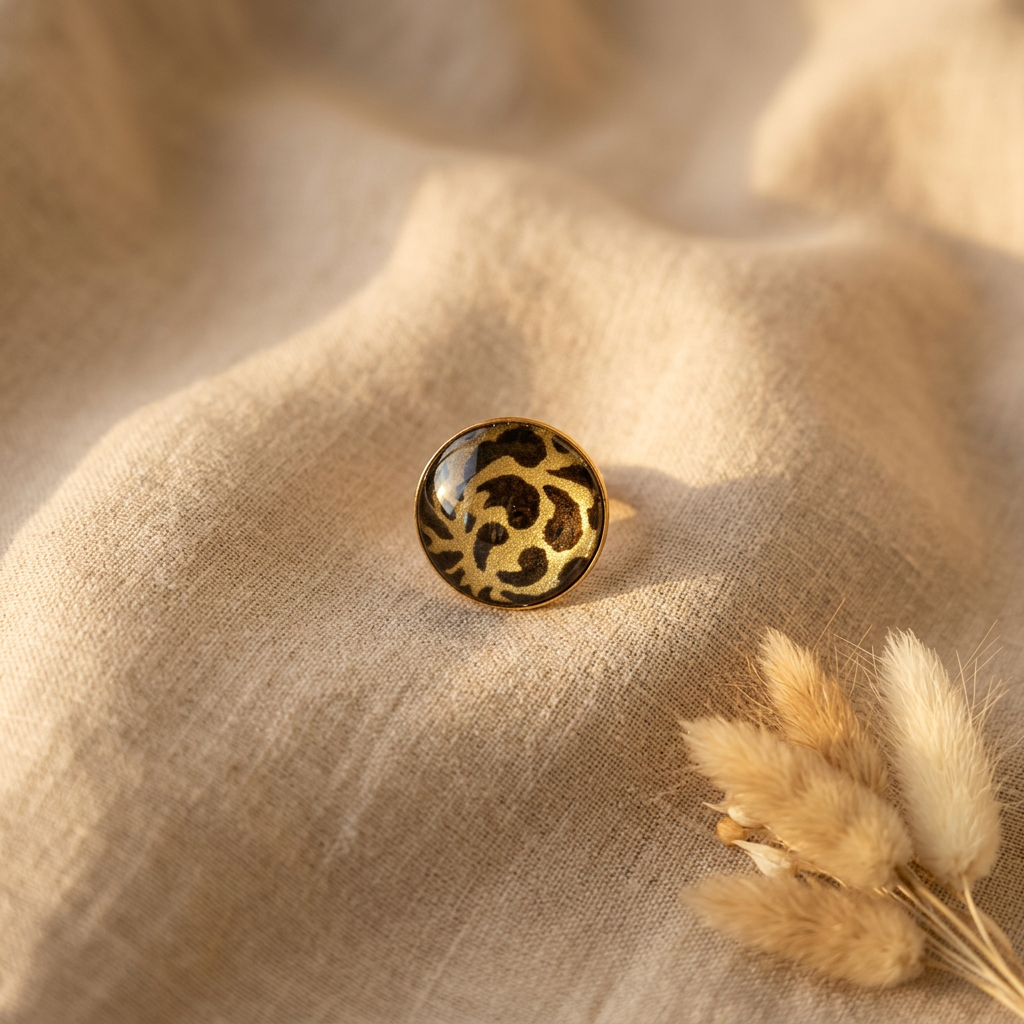 Bague cabochon verre · papier lokta doré et kaki · anneau réglable · fait main France