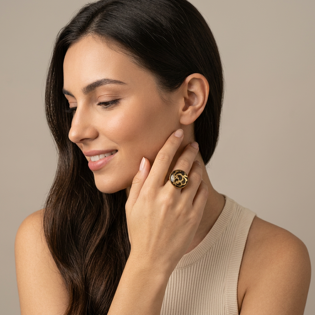 "Bague cabochon dorée fait main — papier lokta doré & kaki, verre bombé 25mm, laiton doré, pièce unique France"