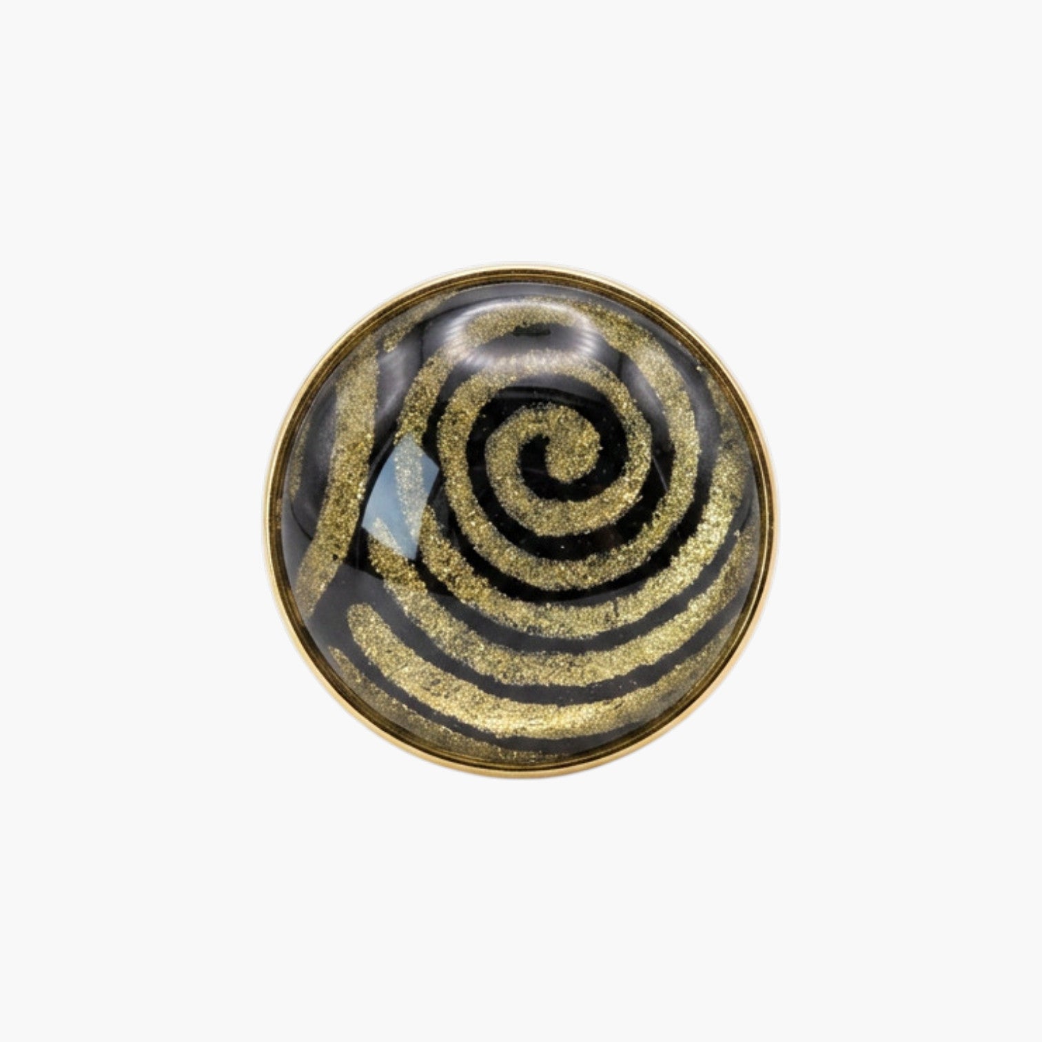 Bague cabochon dorée lokta noir & spirales dorées · verre bombé · laiton doré