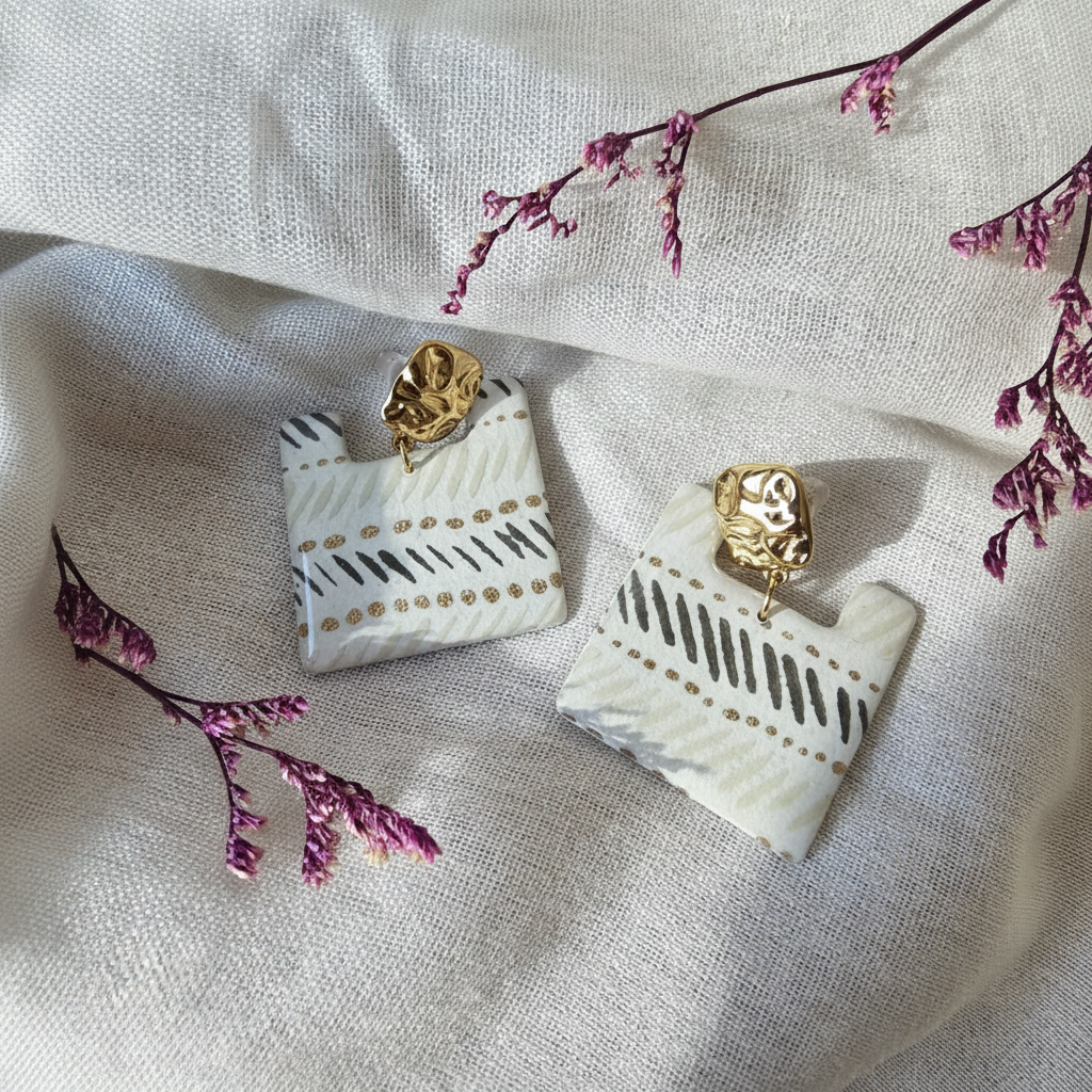 Boucles d'oreilles Ṭā'ila en papier indien Écru et Or