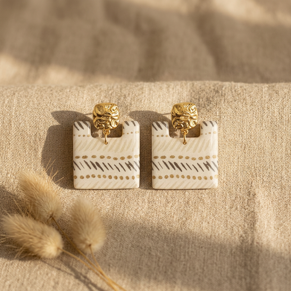 Boucles d'oreilles carrées · Papier Artisanal Hachures Anthracite & Clous Martelés -Ṭā'ila