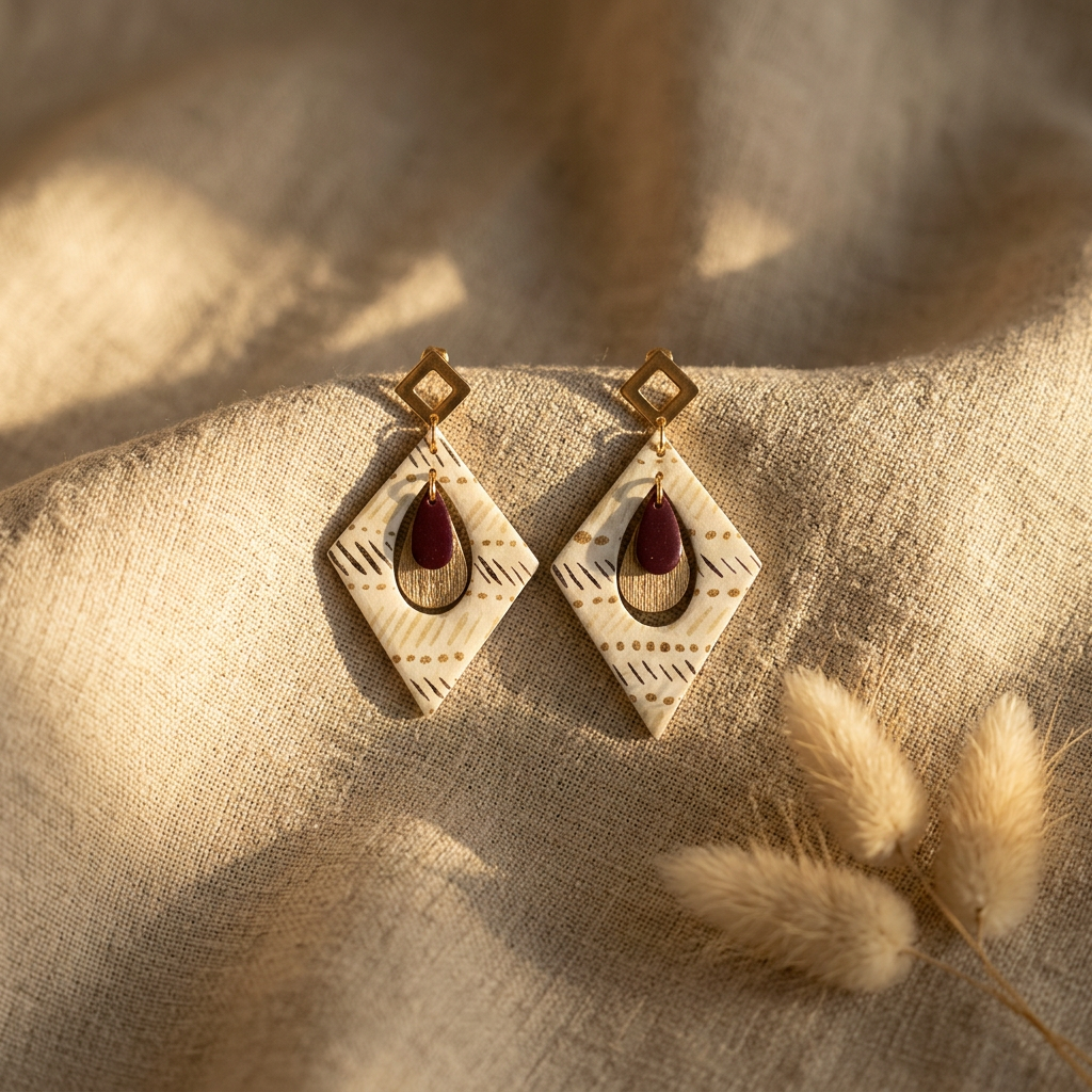 Boucles d'oreilles pendantes Trikōṇa · papier indien beige et or sequin marron · fait main France