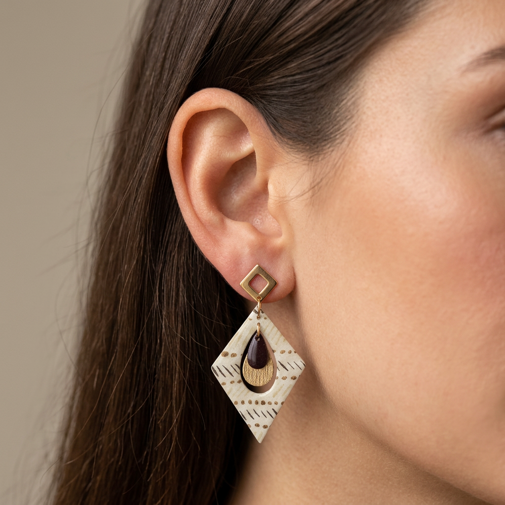 Boucles d'oreilles pendantes Trikōṇa · papier indien beige et or sequin marron · fait main France