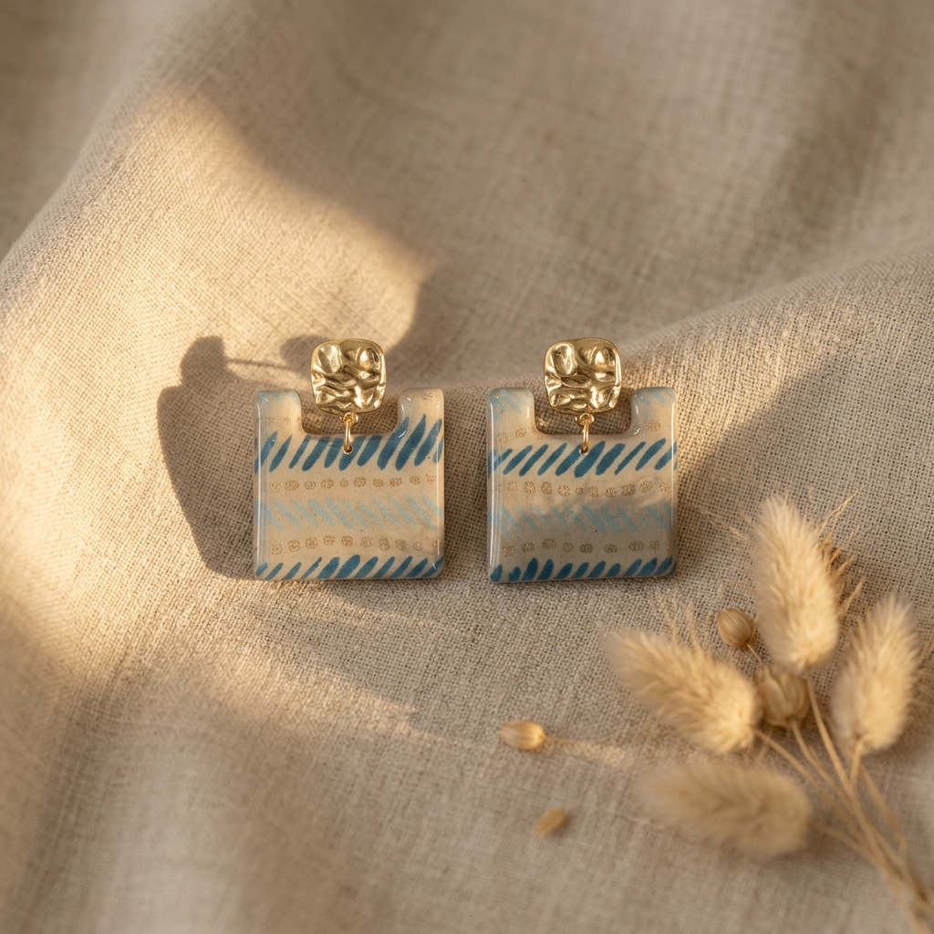Boucles d'oreilles Ṭā'ila · Papier Sablé Rayures Azur & Clous Martelés Dorés
