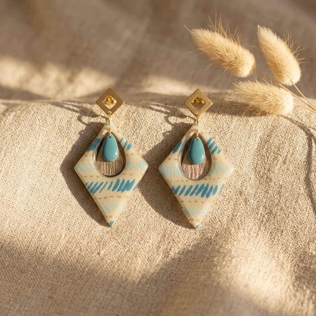 Boucles d'oreilles pendantes Trikōṇa — papier népalais bleu et or goutte émail — fait main France