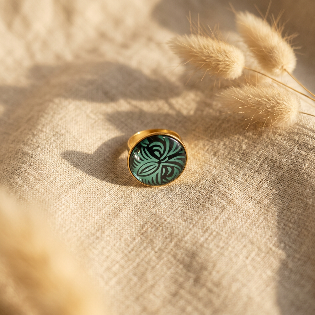 bague cabochon verre bombé fait main papier indien azur anneau réglable