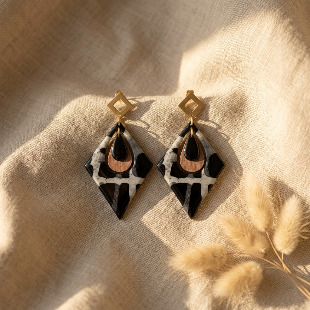 boucles d'oreilles losange fait main Trikōṇa bleu beige papier népalais 