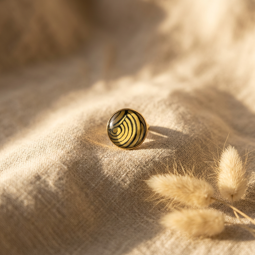 "Bague cabochon dorée fait main — spirales papier népalais bleu indigo & caramel, verre bombé 25mm, laiton doré, pièce unique France"