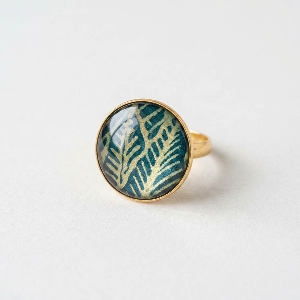 Bague cabochon dorée fait main — lokta motifs feuilles bleu vert & doré