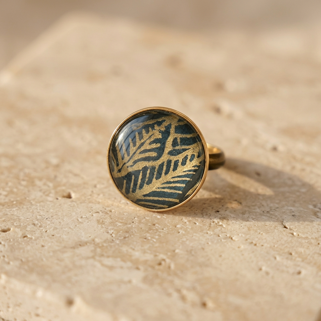 Bague cabochon dorée fait main — lokta motifs feuilles bleu vert & doré