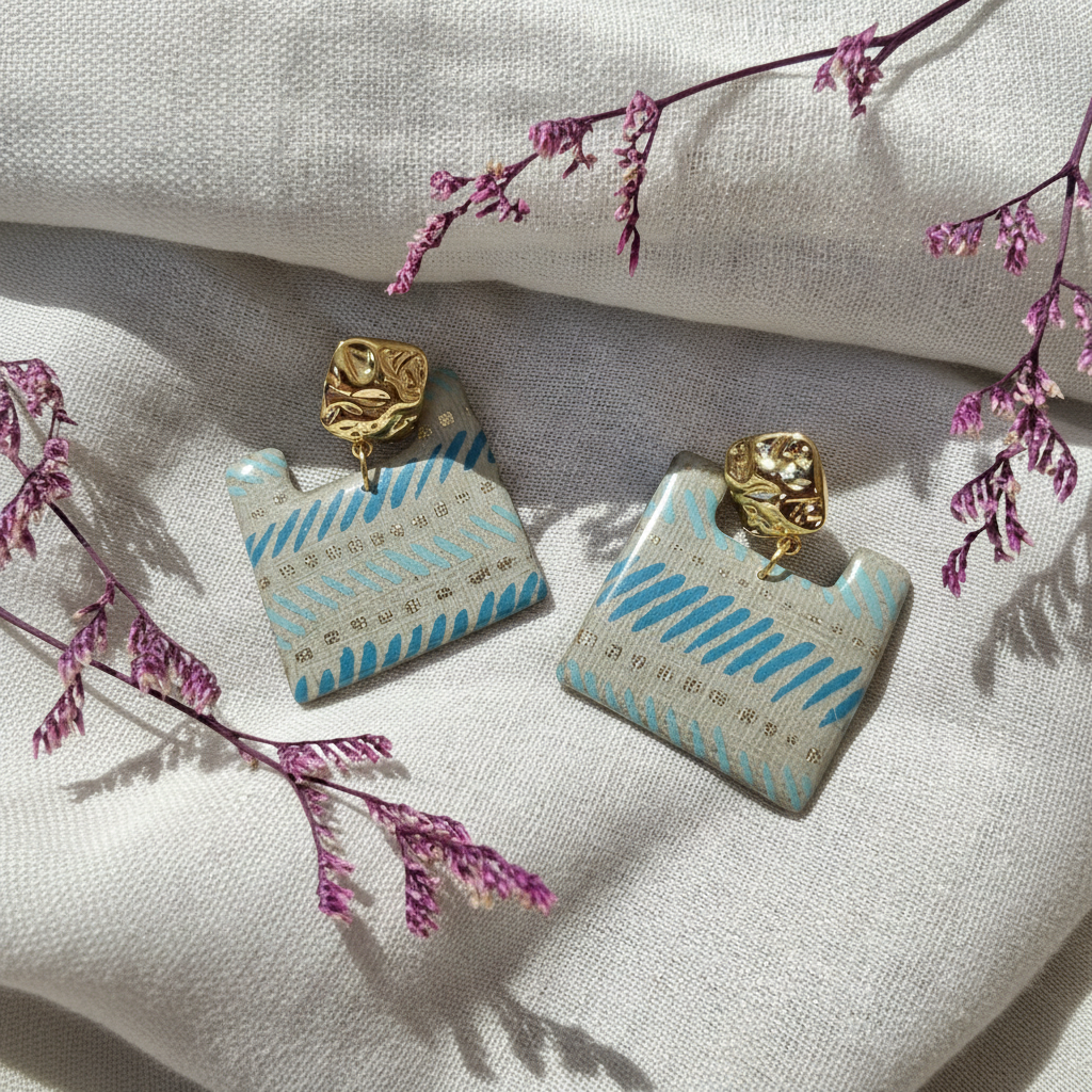 Boucles d'oreilles Géométriques Ṭā'ila en Papier Résiné Bleu et Or