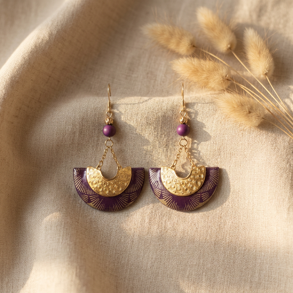 Ādhā Gōla Earrings — Half-Circle 5cm · Purple & Gold Nepalese Paper — 14K Gold Filled Hooks · Wood · Zamac — Bohemian-Chic · Ethnic · Handmade — Unique Piece