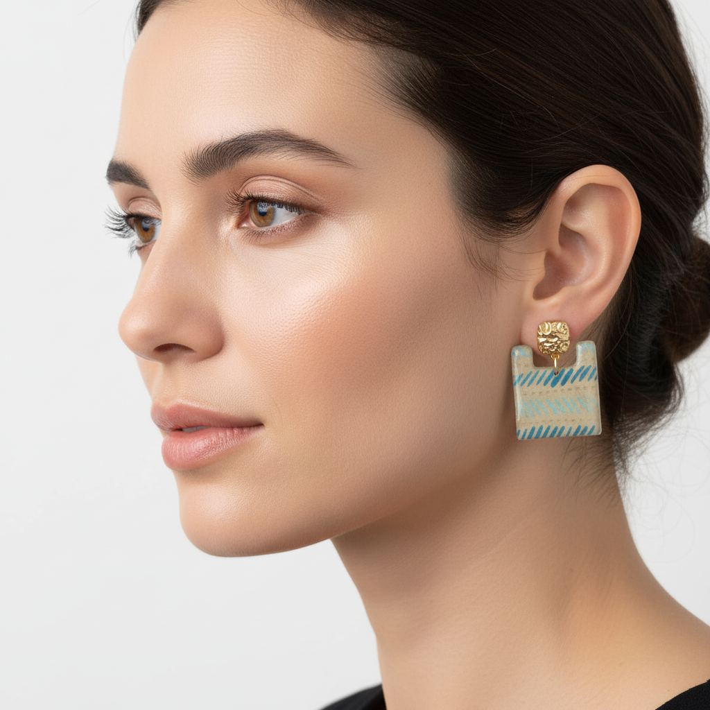 Boucles d'oreilles Géométriques Ṭā'ila en Papier Résiné Bleu et Or