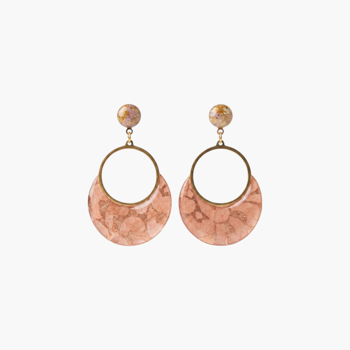 Boucles créoles acier inoxydable doré cabochon pierre beige mouchetée fait main
