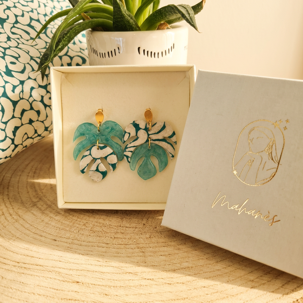 Boucles d'oreilles botaniques écrin cadeau fait main artisanal France
