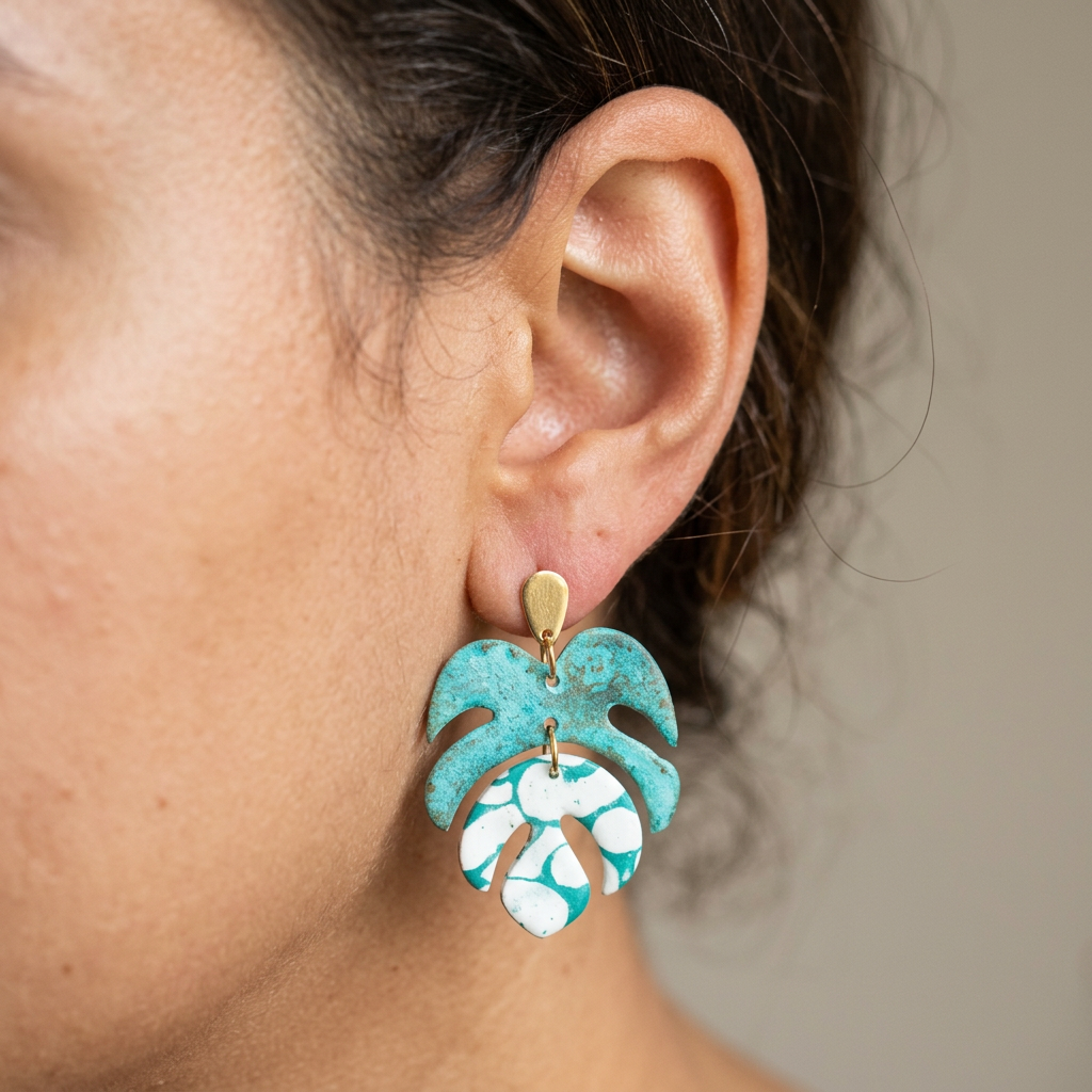 Boucles d'oreilles feuille Monstera portées papier lokta résiné vert blanc bijou fait main
