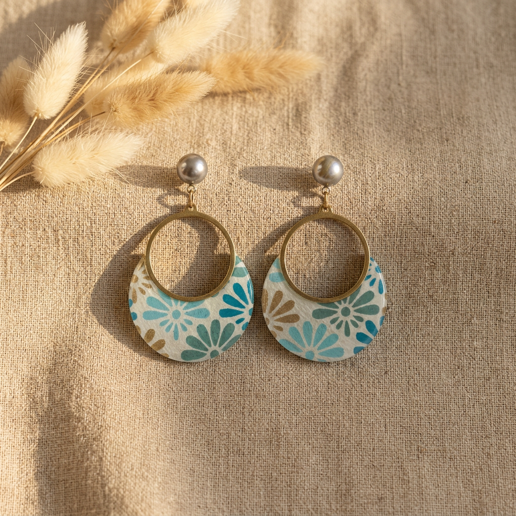 "boucles créoles dorées fait main papier indien éventails bleu vert doré cabochon bleu gris"