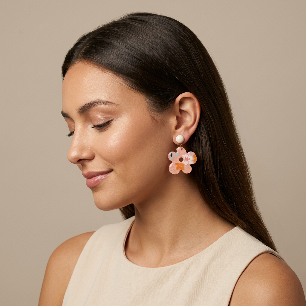 Boucles d'oreilles pendantes pâquerette papier indien rose fleuri résiné, motifs orange bleu et or, clous acier inoxydable — collection Kriyōla
