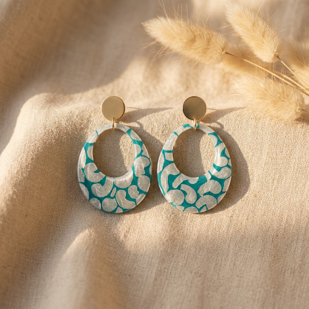 Boucles d'oreilles créoles papier lokta vert émeraude et blanc, vue de face