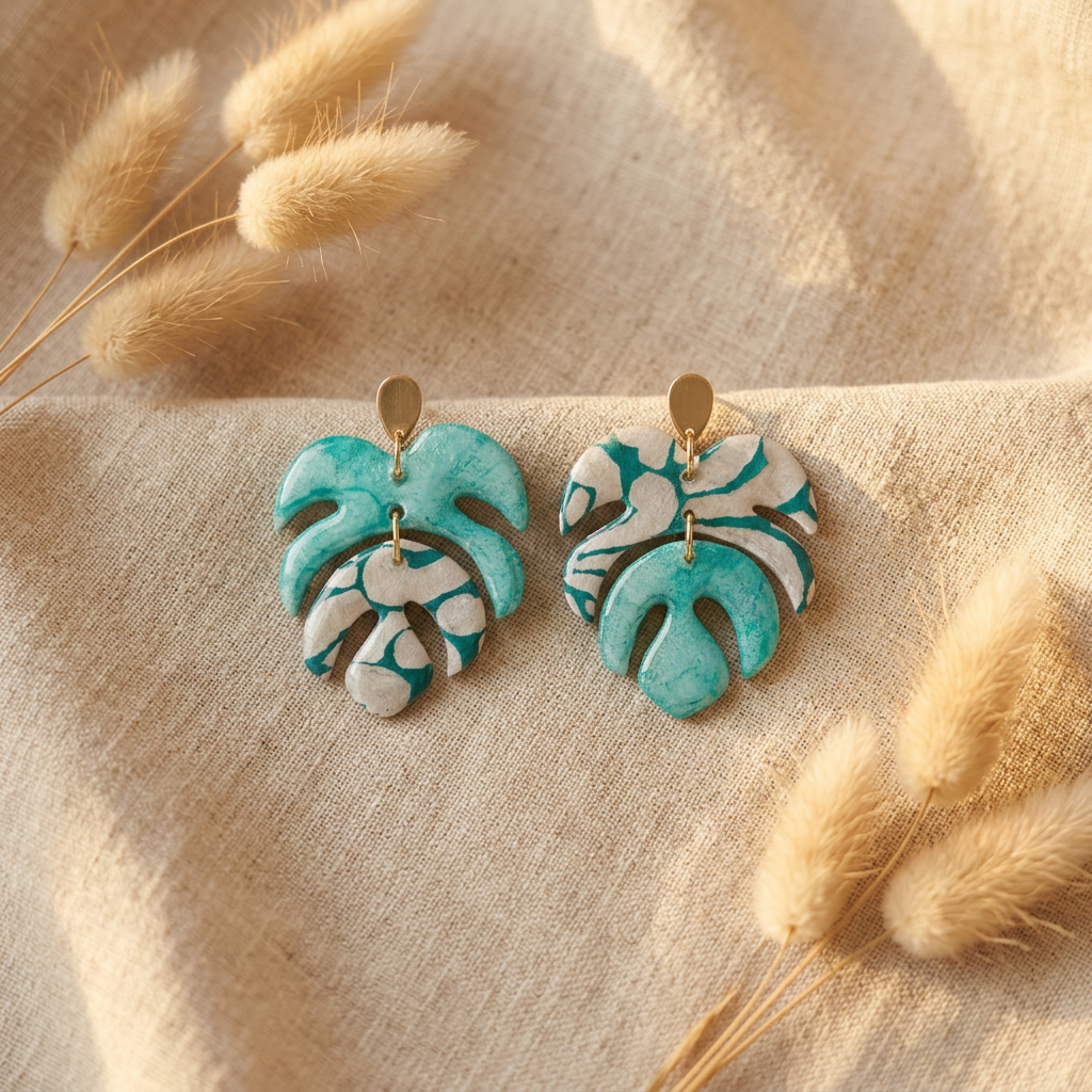 Boucles d'oreilles botaniques Monstera fait main, papier lokta vert et blanc, posées sur fond lin