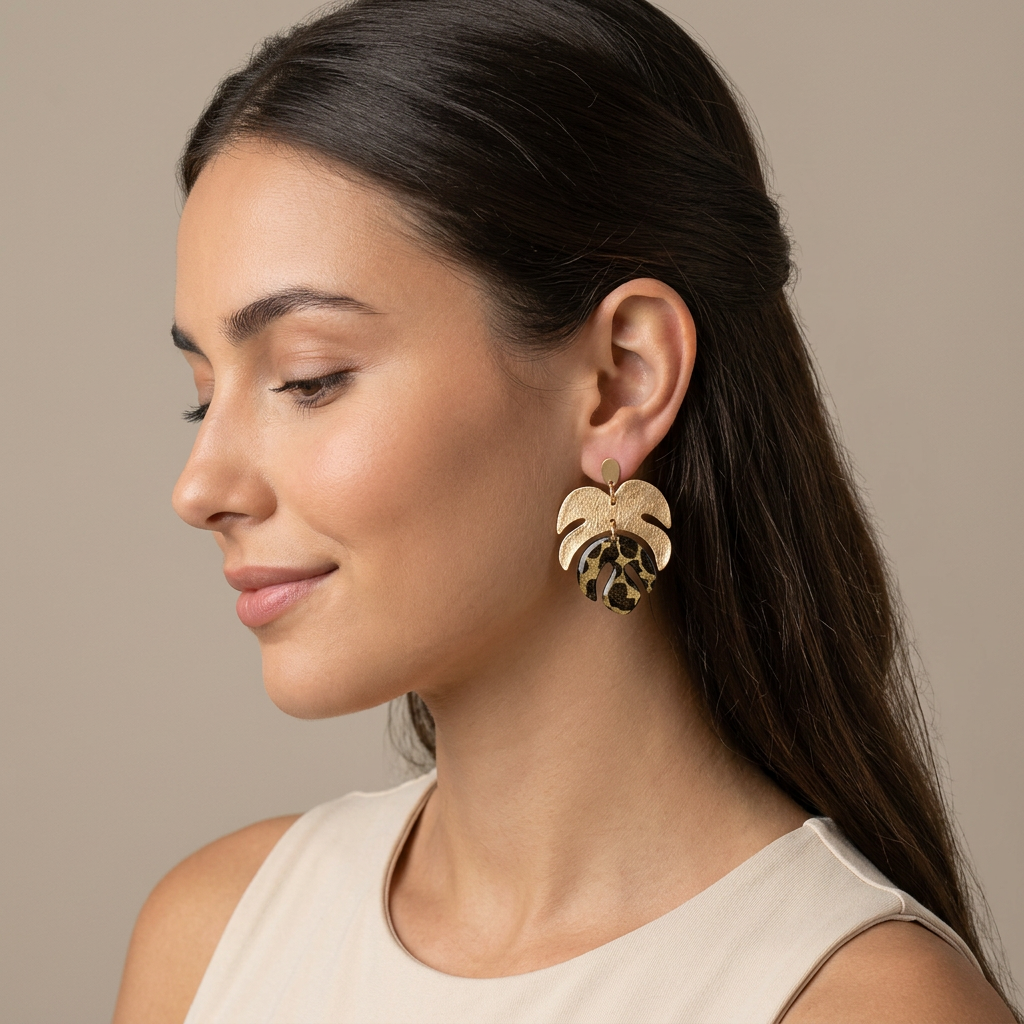 Boucles d'oreilles pendantes feuille Monstera papier Lokta doré et vert kaki résiné, motifs organiques, clous acier inoxydable 
