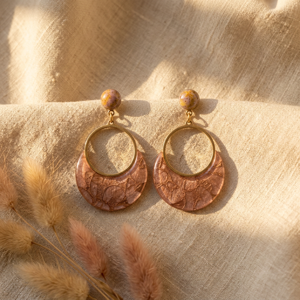 Boucles créoles dorées fait main, papier lokta rose et bronze, posées sur fond lin naturel