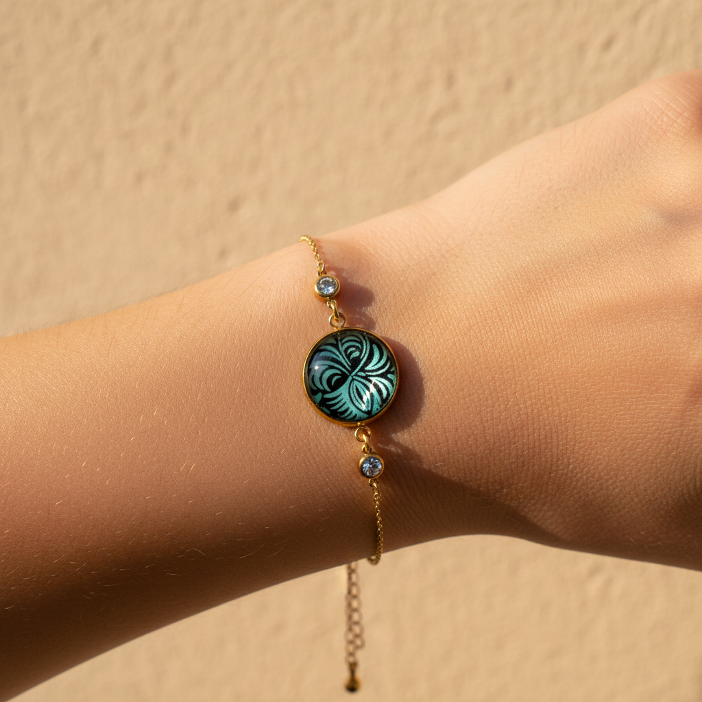 Medallion Bracelet | Blue Indian Paper · 2 Rhinestones | Stainless Steel