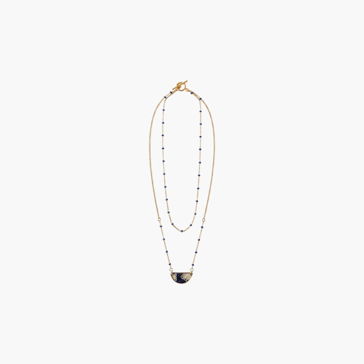 Collier double rang perlé bleu & pendentif ginkgo doré · papier indien